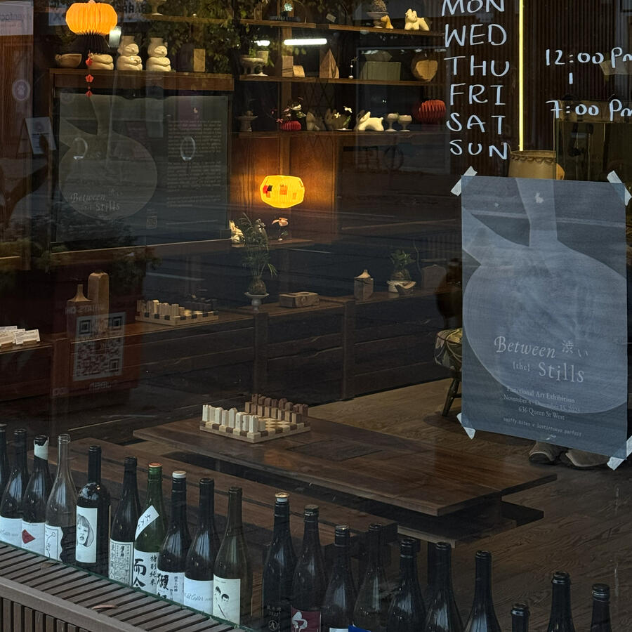 The view of Estudio GOO's installation at the Lost in Tokyo Cafe in Toronto, from the outside.