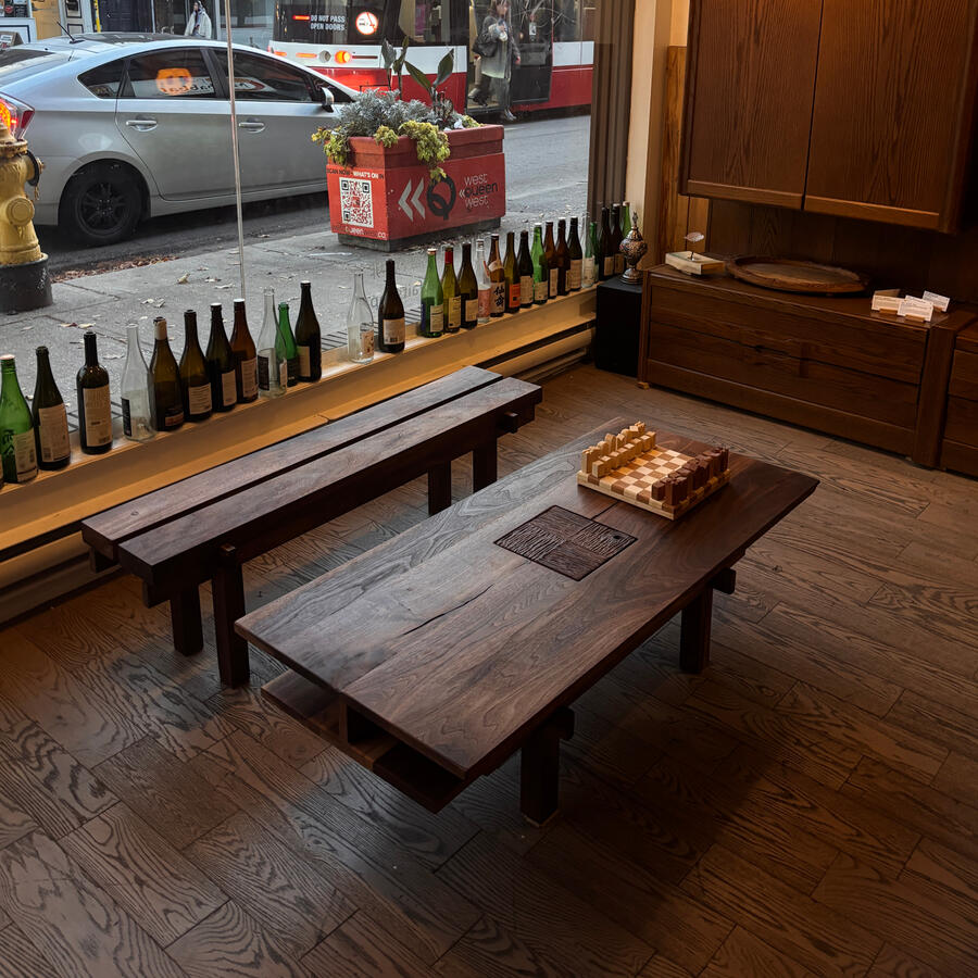 Temple's "COURTYARD" Coffee Table and Bench, in Walnut, by Estudio GOO