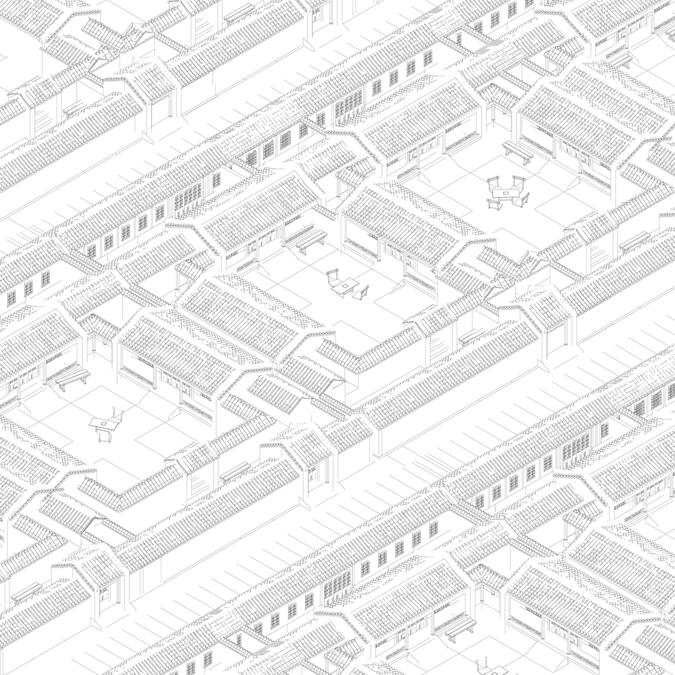 36” x 64” isometric line drawing of infinite courtyards