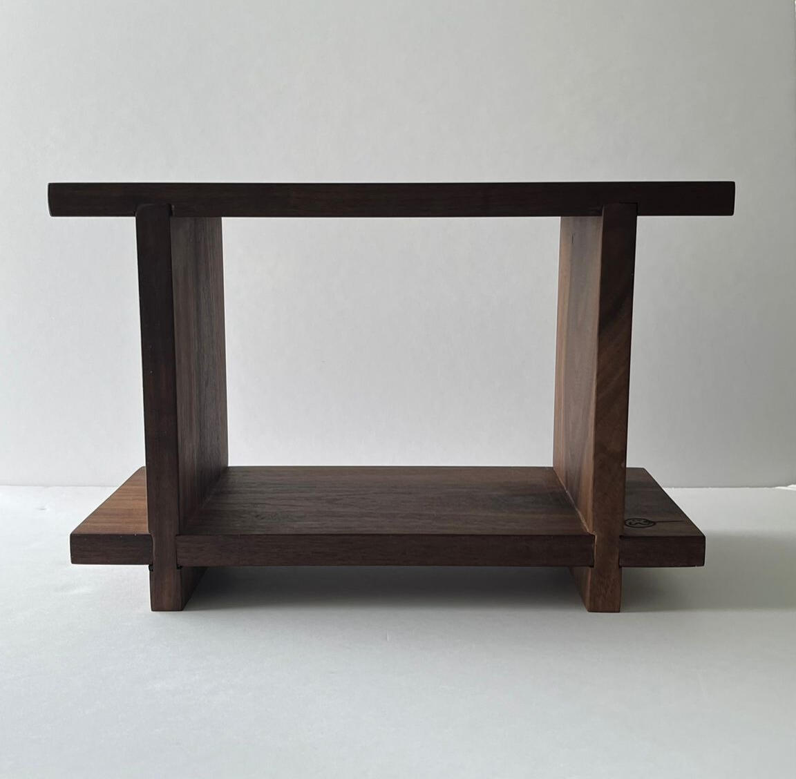 Walnut table-top shelf made for storing and displaying items, tea, trinkets, and more.